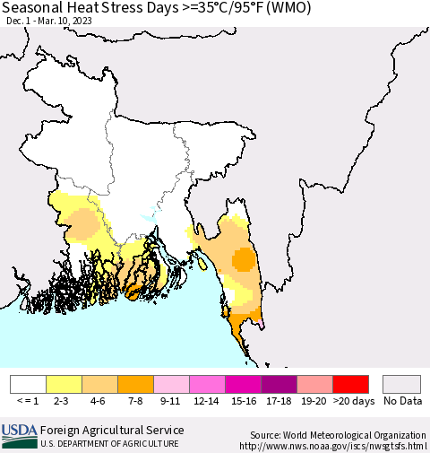 Bangladesh Seasonal Heat Stress Days >=35°C/95°F (WMO) Thematic Map For 12/1/2022 - 3/10/2023