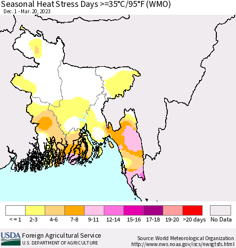 Bangladesh Seasonal Heat Stress Days >=35°C/95°F (WMO) Thematic Map For 12/1/2022 - 3/20/2023