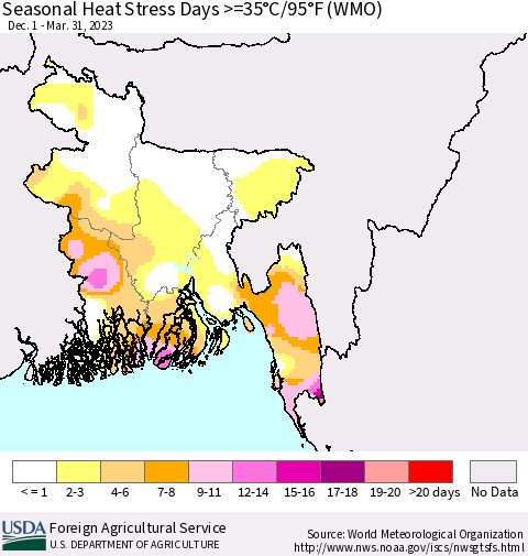 Bangladesh Seasonal Heat Stress Days >=35°C/95°F (WMO) Thematic Map For 12/1/2022 - 3/31/2023