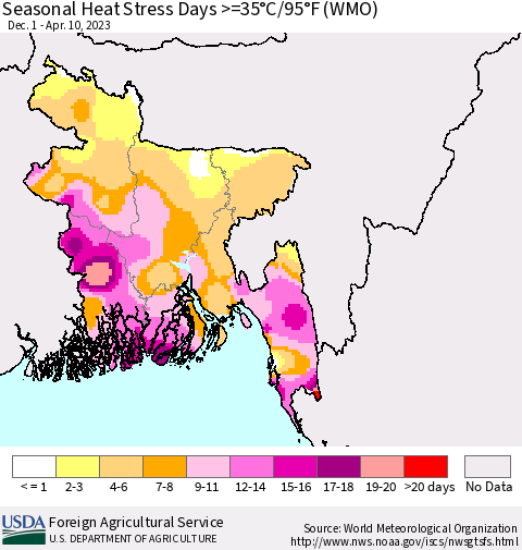 Bangladesh Seasonal Heat Stress Days >=35°C/95°F (WMO) Thematic Map For 12/1/2022 - 4/10/2023