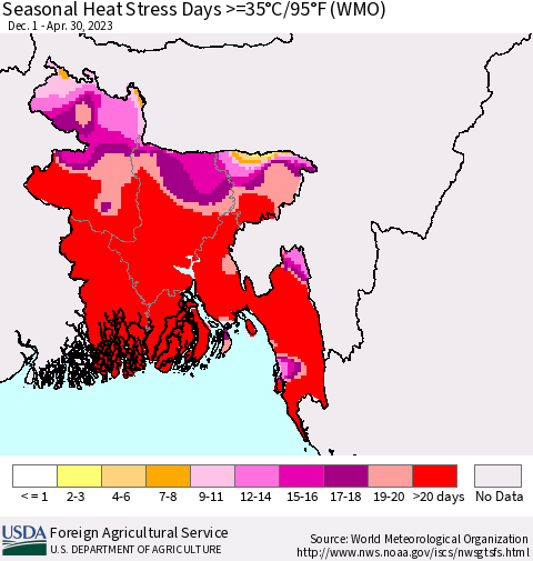 Bangladesh Seasonal Heat Stress Days >=35°C/95°F (WMO) Thematic Map For 12/1/2022 - 4/30/2023