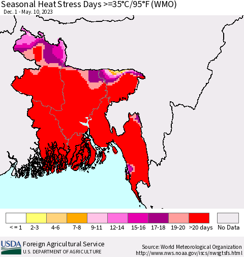 Bangladesh Seasonal Heat Stress Days >=35°C/95°F (WMO) Thematic Map For 12/1/2022 - 5/10/2023
