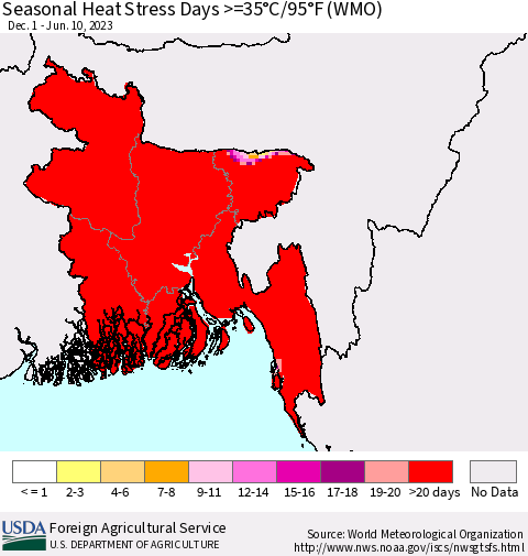 Bangladesh Seasonal Heat Stress Days >=35°C/95°F (WMO) Thematic Map For 12/1/2022 - 6/10/2023