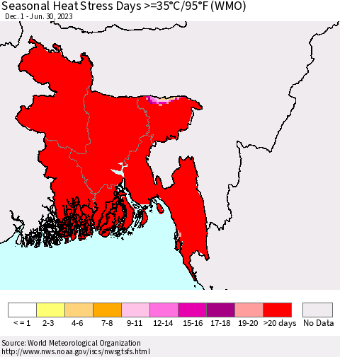Bangladesh Seasonal Heat Stress Days >=35°C/95°F (WMO) Thematic Map For 12/1/2022 - 6/30/2023