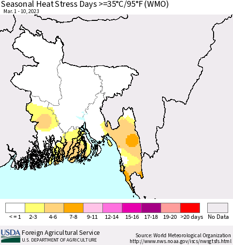 Bangladesh Seasonal Heat Stress Days >=35°C/95°F (WMO) Thematic Map For 3/1/2023 - 3/10/2023