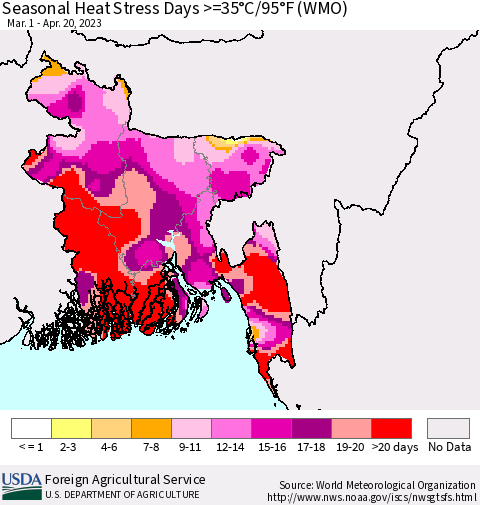 Bangladesh Seasonal Heat Stress Days >=35°C/95°F (WMO) Thematic Map For 3/1/2023 - 4/20/2023