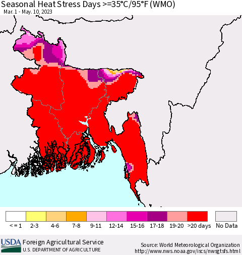 Bangladesh Seasonal Heat Stress Days >=35°C/95°F (WMO) Thematic Map For 3/1/2023 - 5/10/2023