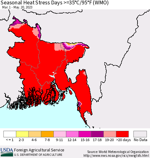 Bangladesh Seasonal Heat Stress Days >=35°C/95°F (WMO) Thematic Map For 3/1/2023 - 5/20/2023