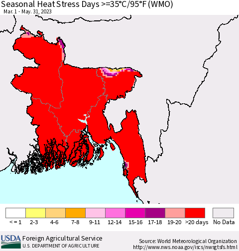 Bangladesh Seasonal Heat Stress Days >=35°C/95°F (WMO) Thematic Map For 3/1/2023 - 5/31/2023
