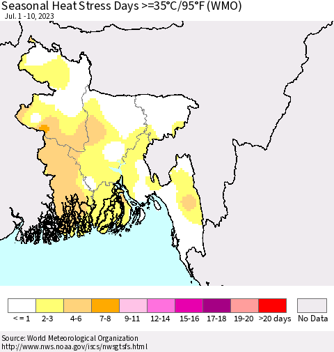 Bangladesh Seasonal Heat Stress Days >=35°C/95°F (WMO) Thematic Map For 7/1/2023 - 7/10/2023