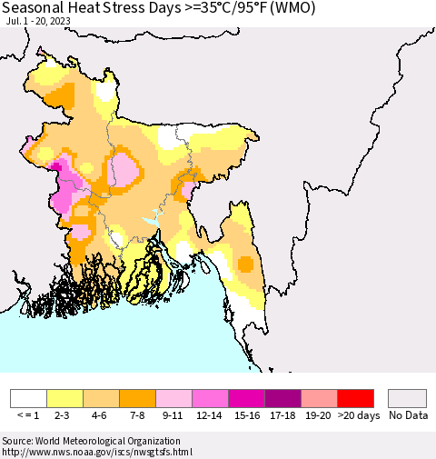 Bangladesh Seasonal Heat Stress Days >=35°C/95°F (WMO) Thematic Map For 7/1/2023 - 7/20/2023