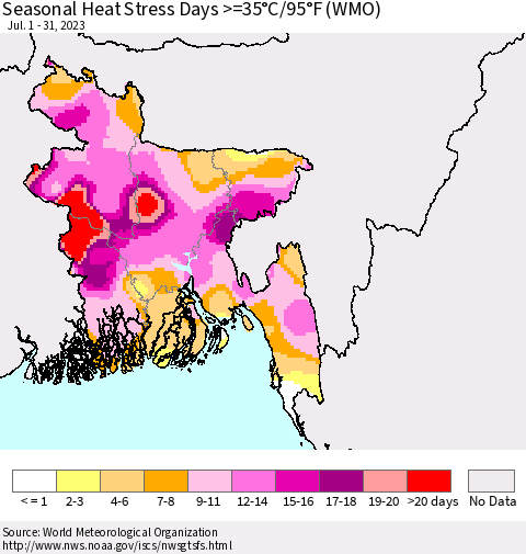 Bangladesh Seasonal Heat Stress Days >=35°C/95°F (WMO) Thematic Map For 7/1/2023 - 7/31/2023