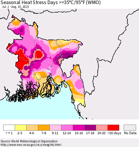 Bangladesh Seasonal Heat Stress Days >=35°C/95°F (WMO) Thematic Map For 7/1/2023 - 8/10/2023