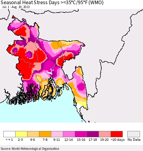 Bangladesh Seasonal Heat Stress Days >=35°C/95°F (WMO) Thematic Map For 7/1/2023 - 8/20/2023