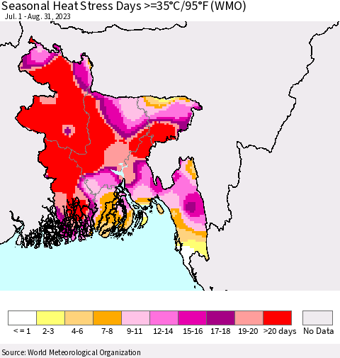 Bangladesh Seasonal Heat Stress Days >=35°C/95°F (WMO) Thematic Map For 7/1/2023 - 8/31/2023