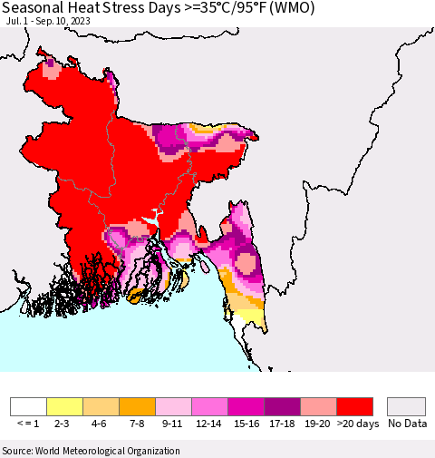 Bangladesh Seasonal Heat Stress Days >=35°C/95°F (WMO) Thematic Map For 7/1/2023 - 9/10/2023