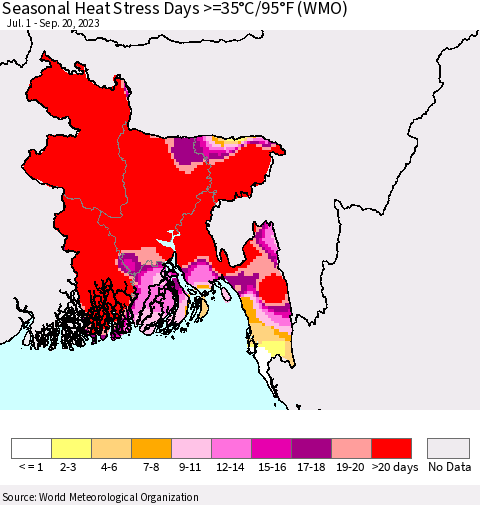 Bangladesh Seasonal Heat Stress Days >=35°C/95°F (WMO) Thematic Map For 7/1/2023 - 9/20/2023