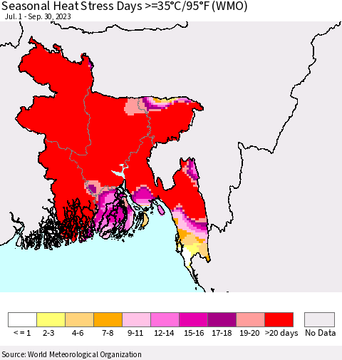 Bangladesh Seasonal Heat Stress Days >=35°C/95°F (WMO) Thematic Map For 7/1/2023 - 9/30/2023