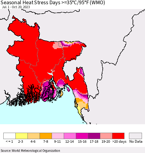 Bangladesh Seasonal Heat Stress Days >=35°C/95°F (WMO) Thematic Map For 7/1/2023 - 10/20/2023