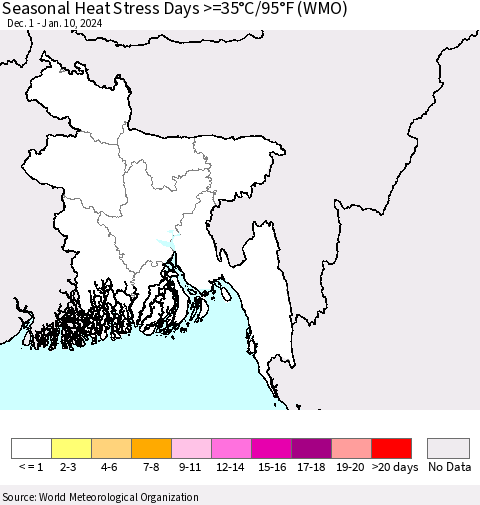 Bangladesh Seasonal Heat Stress Days >=35°C/95°F (WMO) Thematic Map For 12/1/2023 - 1/10/2024