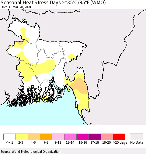 Bangladesh Seasonal Heat Stress Days >=35°C/95°F (WMO) Thematic Map For 12/1/2023 - 3/20/2024