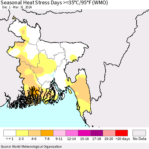 Bangladesh Seasonal Heat Stress Days >=35°C/95°F (WMO) Thematic Map For 12/1/2023 - 3/31/2024