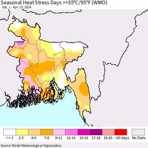Bangladesh Seasonal Heat Stress Days >=35°C/95°F (WMO) Thematic Map For 12/1/2023 - 4/10/2024