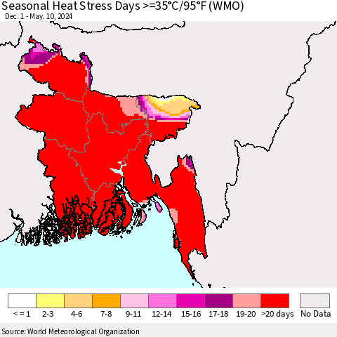 Bangladesh Seasonal Heat Stress Days >=35°C/95°F (WMO) Thematic Map For 12/1/2023 - 5/10/2024