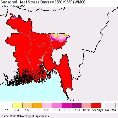 Bangladesh Seasonal Heat Stress Days >=35°C/95°F (WMO) Thematic Map For 12/1/2023 - 5/20/2024