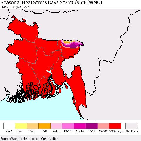 Bangladesh Seasonal Heat Stress Days >=35°C/95°F (WMO) Thematic Map For 12/1/2023 - 5/31/2024