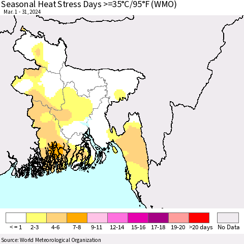 Bangladesh Seasonal Heat Stress Days >=35°C/95°F (WMO) Thematic Map For 3/1/2024 - 3/31/2024
