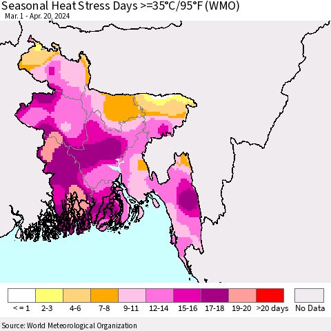 Bangladesh Seasonal Heat Stress Days >=35°C/95°F (WMO) Thematic Map For 3/1/2024 - 4/20/2024
