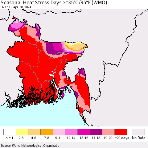 Bangladesh Seasonal Heat Stress Days >=35°C/95°F (WMO) Thematic Map For 3/1/2024 - 4/30/2024