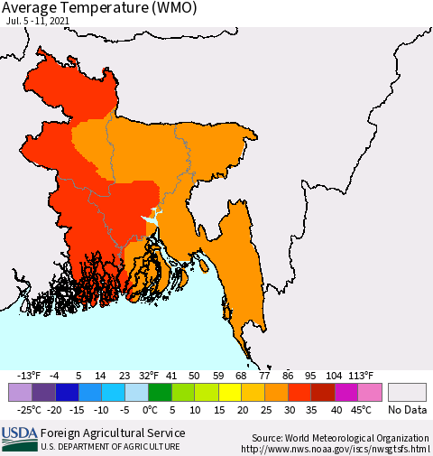 Bangladesh Average Temperature (WMO) Thematic Map For 7/5/2021 - 7/11/2021