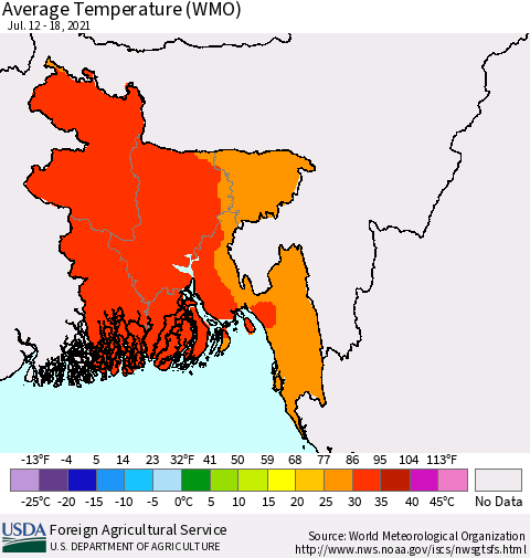 Bangladesh Average Temperature (WMO) Thematic Map For 7/12/2021 - 7/18/2021