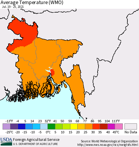 Bangladesh Average Temperature (WMO) Thematic Map For 7/19/2021 - 7/25/2021
