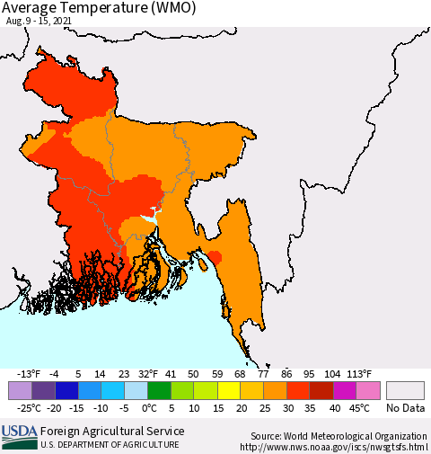 Bangladesh Average Temperature (WMO) Thematic Map For 8/9/2021 - 8/15/2021