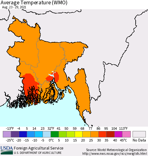 Bangladesh Average Temperature (WMO) Thematic Map For 8/23/2021 - 8/29/2021