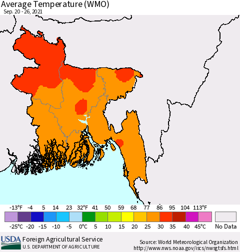 Bangladesh Average Temperature (WMO) Thematic Map For 9/20/2021 - 9/26/2021