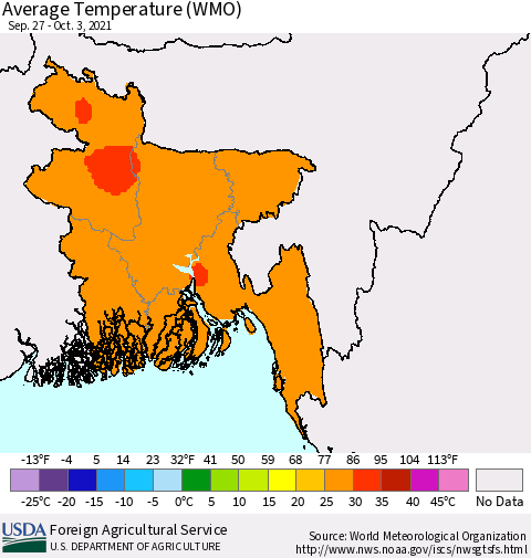 Bangladesh Average Temperature (WMO) Thematic Map For 9/27/2021 - 10/3/2021