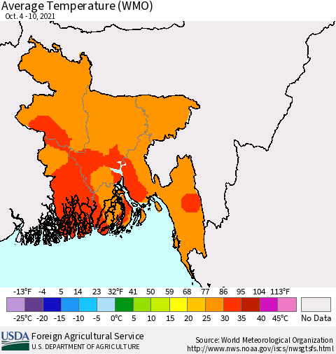 Bangladesh Average Temperature (WMO) Thematic Map For 10/4/2021 - 10/10/2021