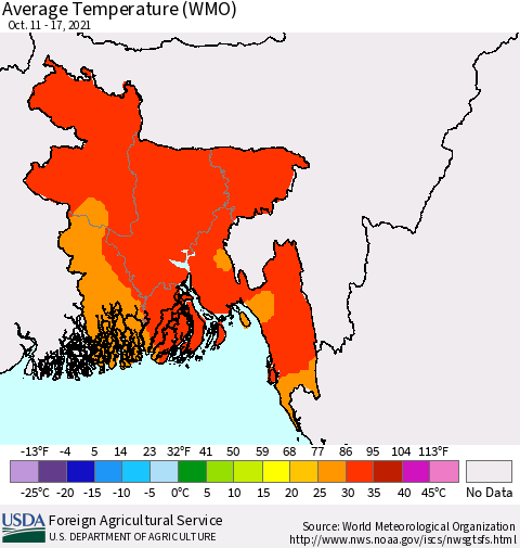 Bangladesh Average Temperature (WMO) Thematic Map For 10/11/2021 - 10/17/2021