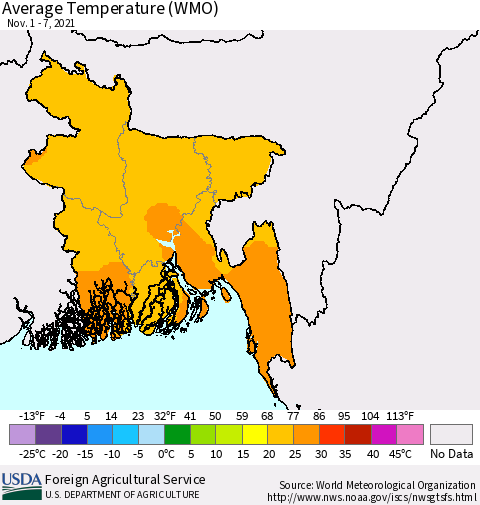 Bangladesh Average Temperature (WMO) Thematic Map For 11/1/2021 - 11/7/2021