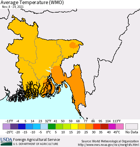 Bangladesh Average Temperature (WMO) Thematic Map For 11/8/2021 - 11/14/2021