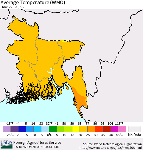 Bangladesh Average Temperature (WMO) Thematic Map For 11/22/2021 - 11/28/2021