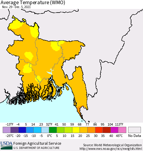 Bangladesh Average Temperature (WMO) Thematic Map For 11/29/2021 - 12/5/2021