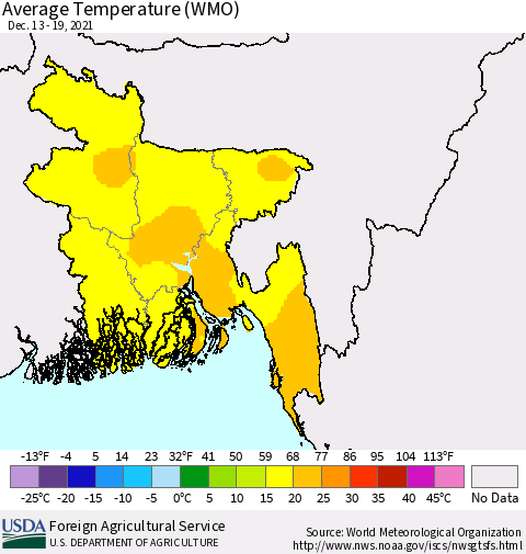 Bangladesh Average Temperature (WMO) Thematic Map For 12/13/2021 - 12/19/2021