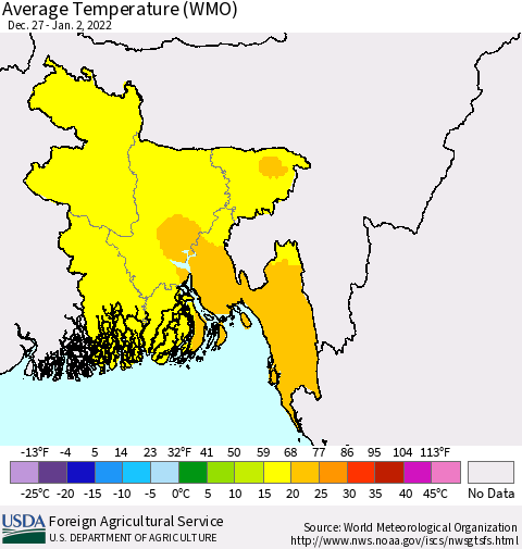 Bangladesh Average Temperature (WMO) Thematic Map For 12/27/2021 - 1/2/2022