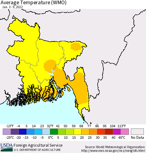 Bangladesh Average Temperature (WMO) Thematic Map For 1/3/2022 - 1/9/2022
