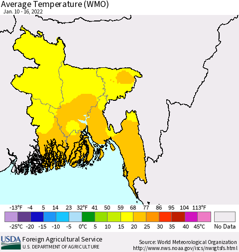 Bangladesh Average Temperature (WMO) Thematic Map For 1/10/2022 - 1/16/2022